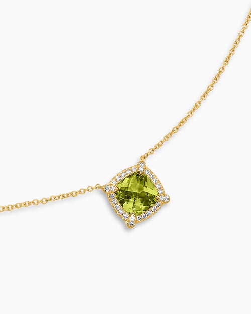 Womens Petite Chatelaine® Pavé Bezel Pendant Necklace in 18K Yellow Gold with Peridot and Diamonds, 7mm
