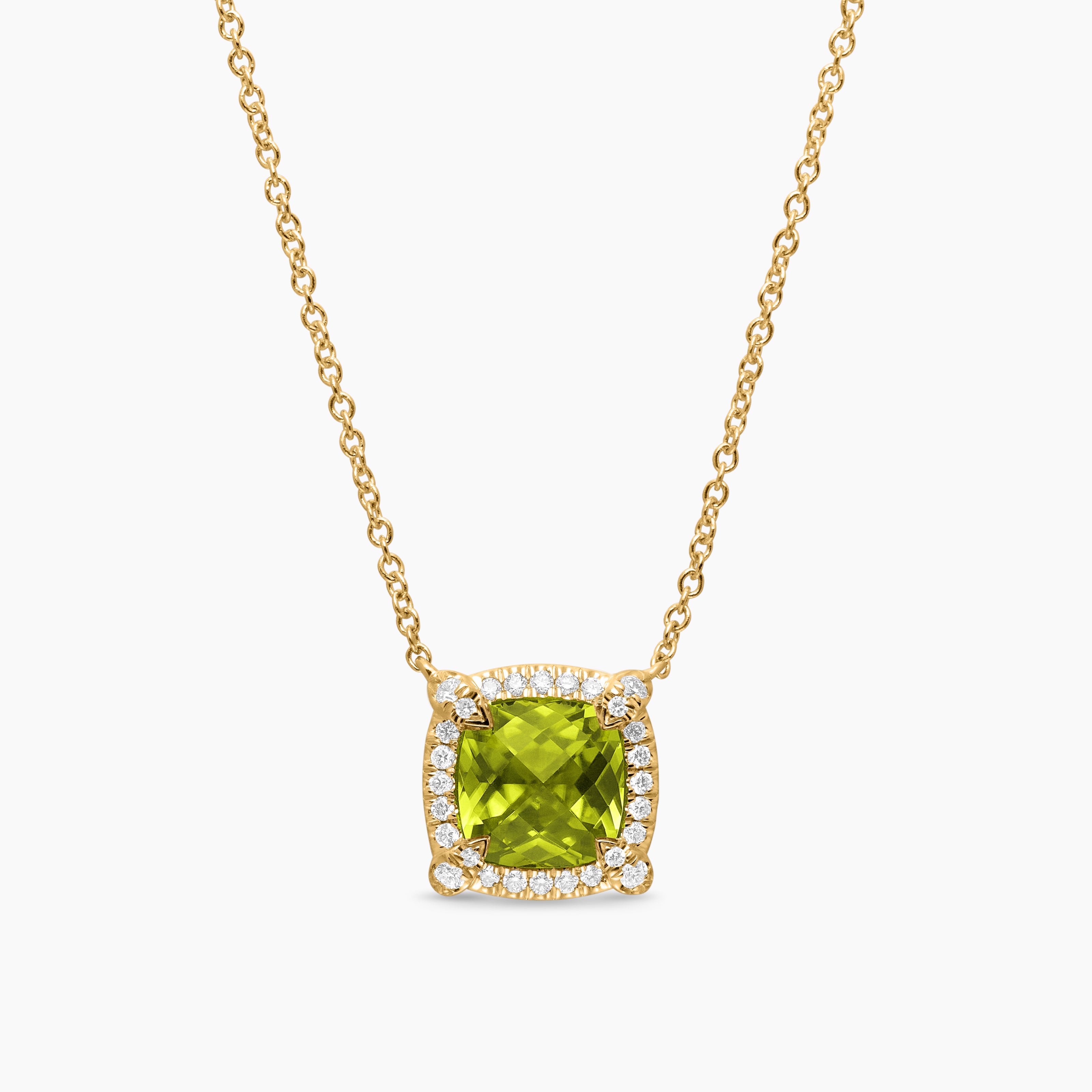 Womens Petite Chatelaine&reg; Pav&eacute; Bezel Pendant Necklace in 18K Yellow Gold with Peridot and Diamonds, 7mm