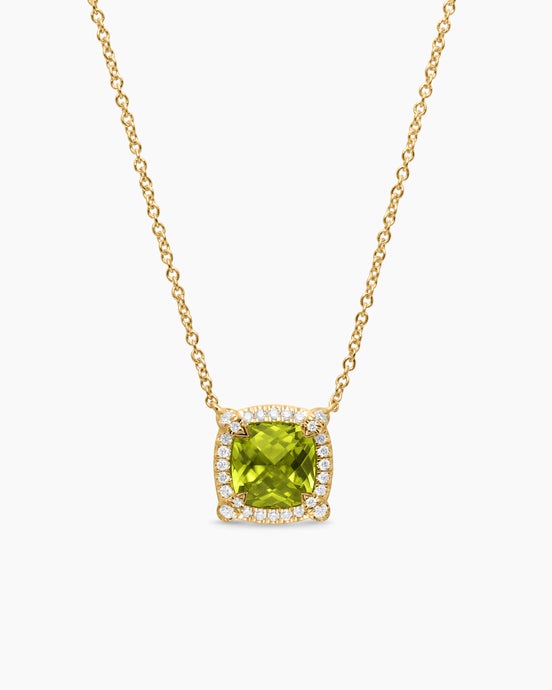 Petite Chatelaine® Pavé Bezel Pendant Necklace in 18ct Yellow Gold with Peridot and Diamonds, 7mm