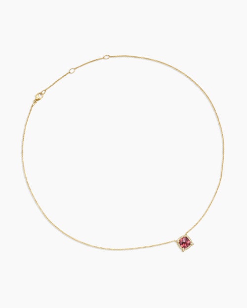 Womens Petite Chatelaine® Pavé Bezel Pendant Necklace in 18K Yellow Gold with Pink Tourmaline and Diamonds, 7mm