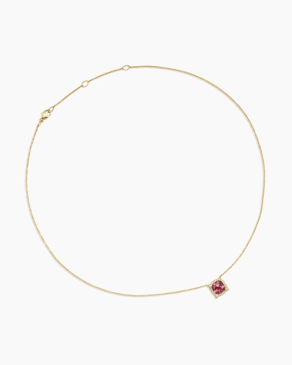 Petite Chatelaine® Pavé Bezel Pendant Necklace in 18K Yellow Gold with Pink Tourmaline and Diamonds, 7mm