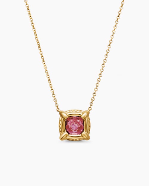 Womens Petite Chatelaine® Pavé Bezel Pendant Necklace in 18K Yellow Gold with Pink Tourmaline and Diamonds, 7mm