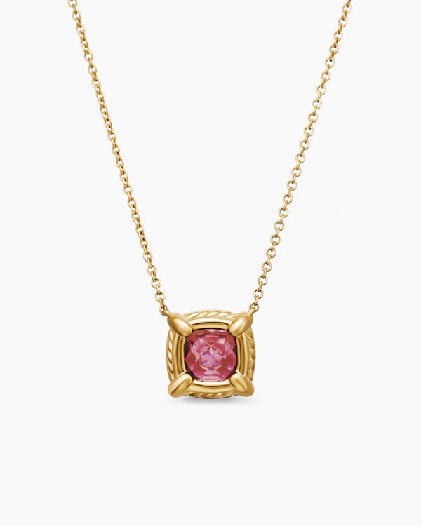 Petite Chatelaine® Pavé Bezel Pendant Necklace in 18K Yellow Gold with Pink Tourmaline and Diamonds, 7mm
