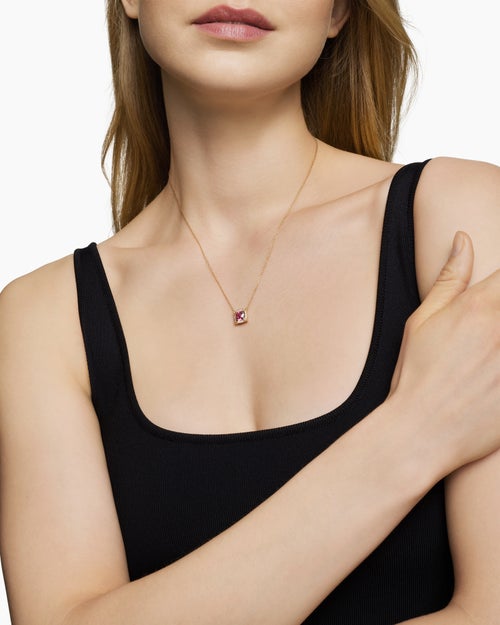 Womens Petite Chatelaine® Pavé Bezel Pendant Necklace in 18K Yellow Gold with Pink Tourmaline and Diamonds, 7mm