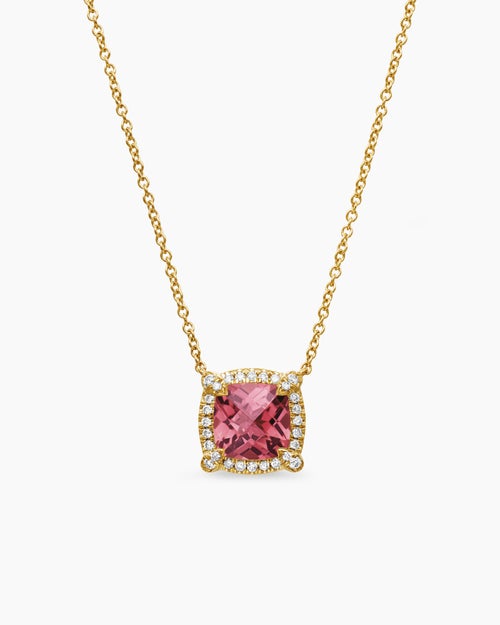 Womens Petite Chatelaine® Pavé Bezel Pendant Necklace in 18K Yellow Gold with Pink Tourmaline and Diamonds, 7mm