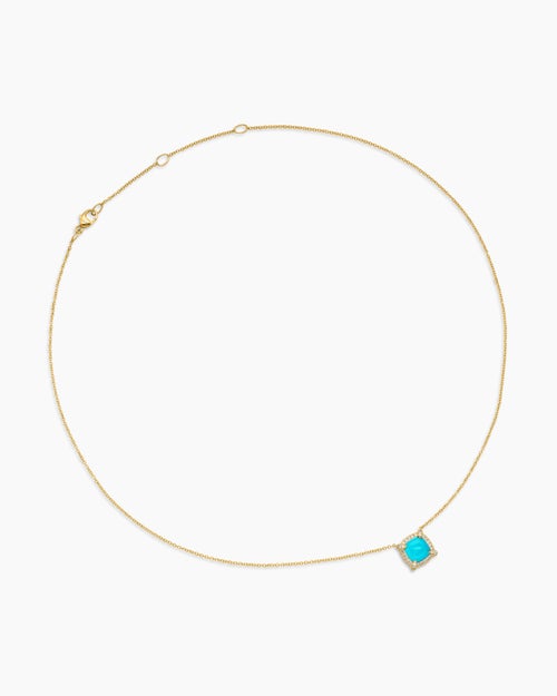 Womens Petite Chatelaine® Pavé Bezel Pendant Necklace in 18K Yellow Gold with Turquoise and Diamonds, 7mm