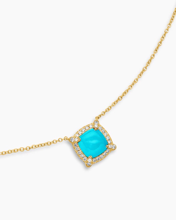 Collier pendentif Petite Chatelaine® pavé chaton en or jaune 18 carats avec turquoise et diamants, 7 mm