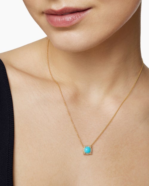 Womens Petite Chatelaine® Pavé Bezel Pendant Necklace in 18K Yellow Gold with Turquoise and Diamonds, 7mm