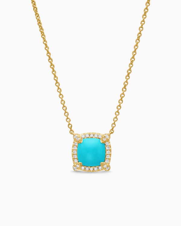 Collier pendentif Petite Chatelaine® pavé chaton en or jaune 18 carats avec turquoise et diamants, 7 mm