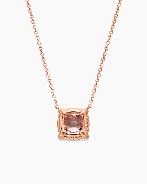 Womens Petite Chatelaine® Pavé Bezel Pendant Necklace in 18K Rose Gold with Morganite and Diamonds, 7mm