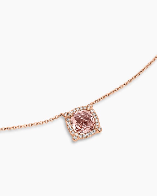 Womens Petite Chatelaine® Pavé Bezel Pendant Necklace in 18K Rose Gold with Morganite and Diamonds, 7mm