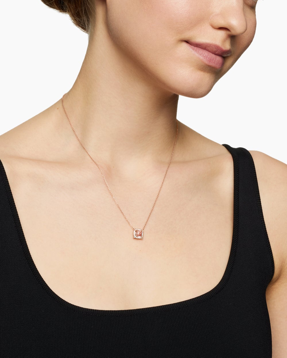 Womens Petite Chatelaine® Pavé Bezel Pendant Necklace in 18ct Rose Gold with Morganite and Diamonds, 7mm