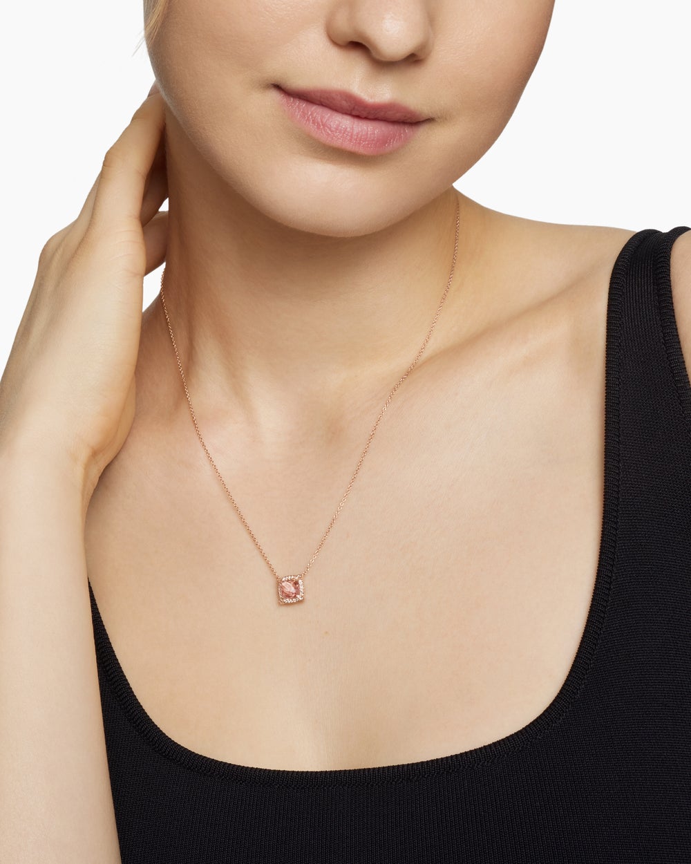 Womens Petite Chatelaine® Pavé Bezel Pendant Necklace in 18ct Rose Gold with Morganite and Diamonds, 7mm