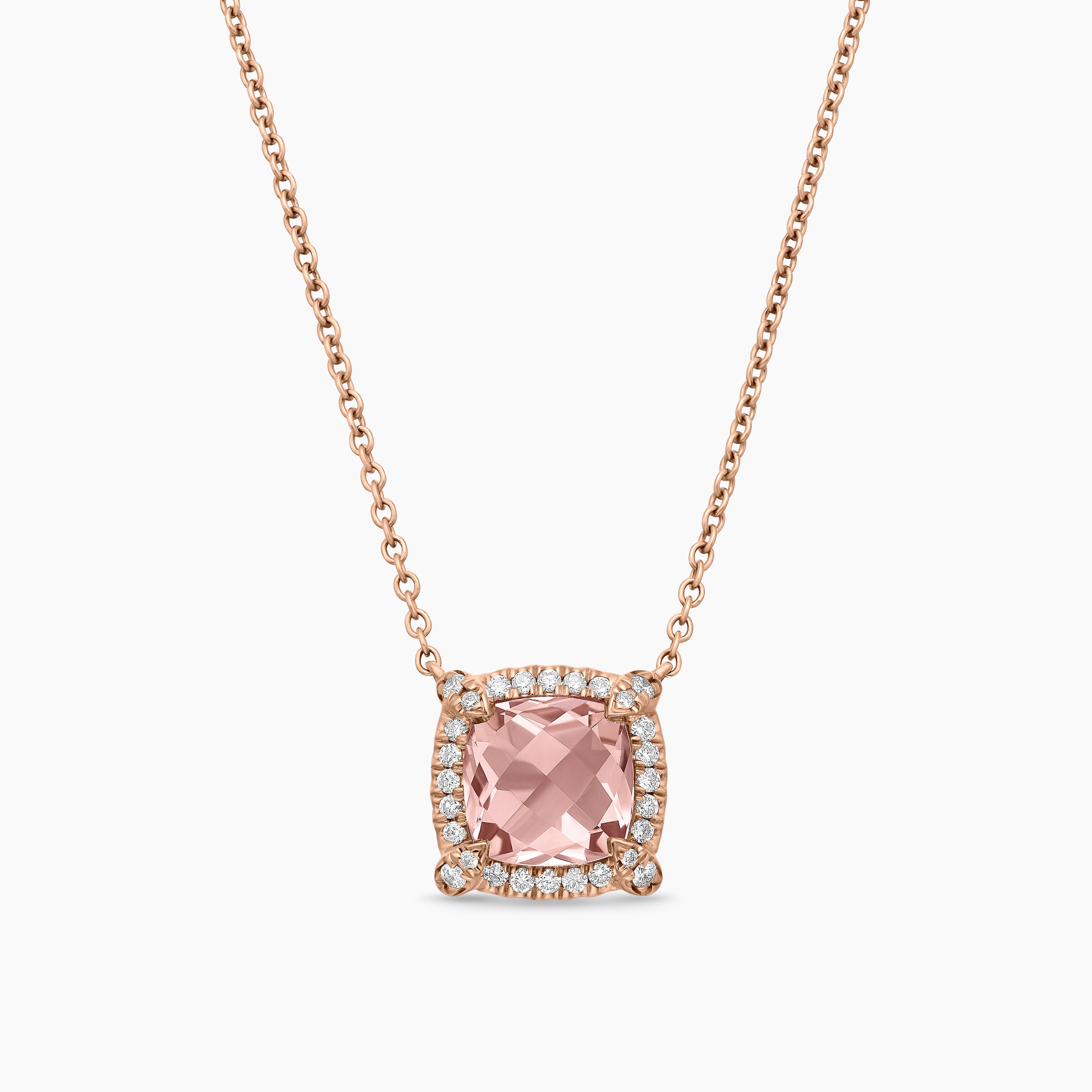 Womens Petite Chatelaine&reg; Pav&eacute; Bezel Pendant Necklace in 18K Rose Gold with Morganite and Diamonds, 7mm