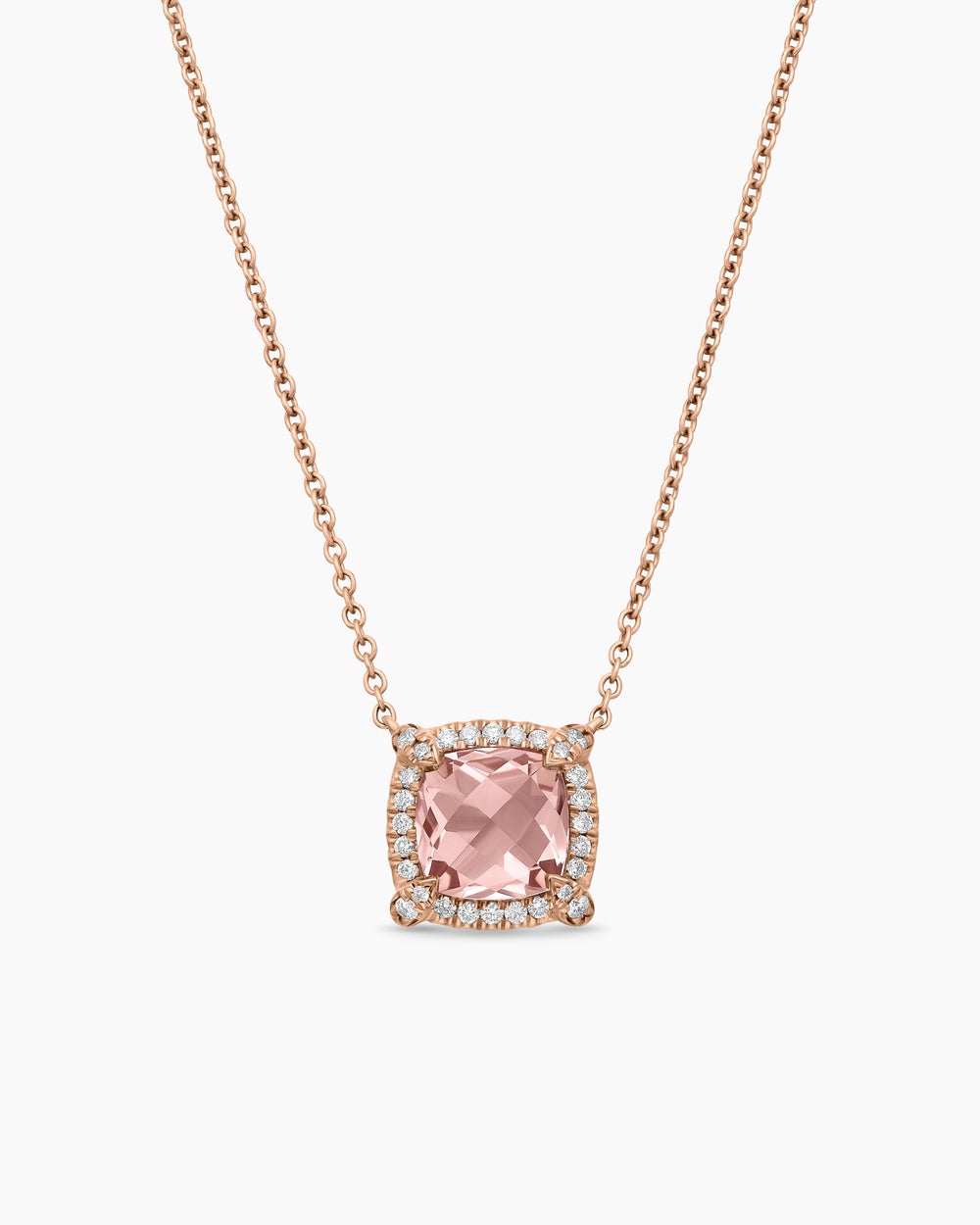 Womens Petite Chatelaine® Pavé Bezel Pendant Necklace in 18ct Rose Gold with Morganite and Diamonds, 7mm