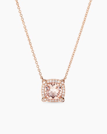 Petite Chatelaine® Pavé Bezel Pendant Necklace in 18K Rose Gold with Morganite and Diamonds, 7mm
