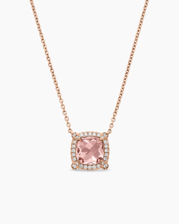 Petite Chatelaine® Pavé Bezel Pendant Necklace in 18K Rose Gold with Morganite and Diamonds, 7mm