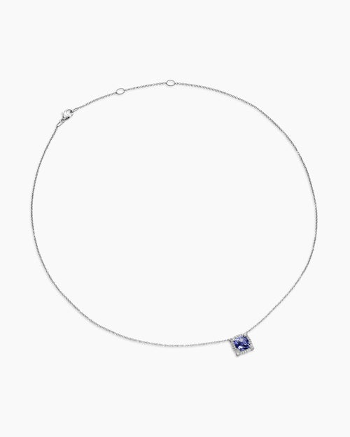 Womens Petite Chatelaine® Pavé Bezel Pendant Necklace in 18K White Gold with Tanzanite and Diamonds, 7mm