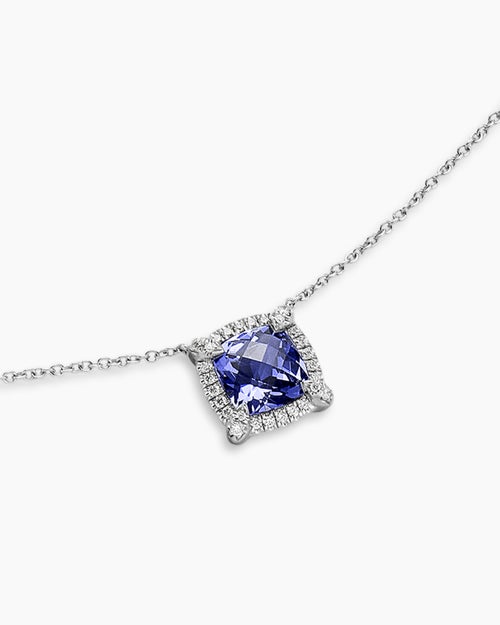 Womens Petite Chatelaine® Pavé Bezel Pendant Necklace in 18K White Gold with Tanzanite and Diamonds, 7mm