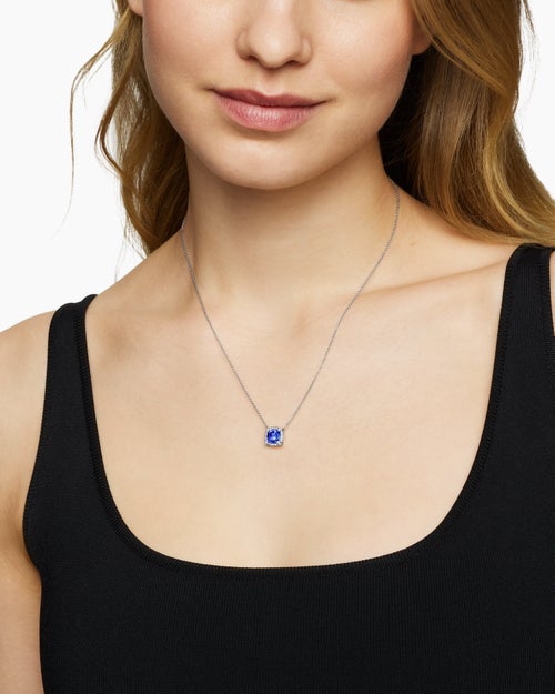 Womens Petite Chatelaine® Pavé Bezel Pendant Necklace in 18K White Gold with Tanzanite and Diamonds, 7mm