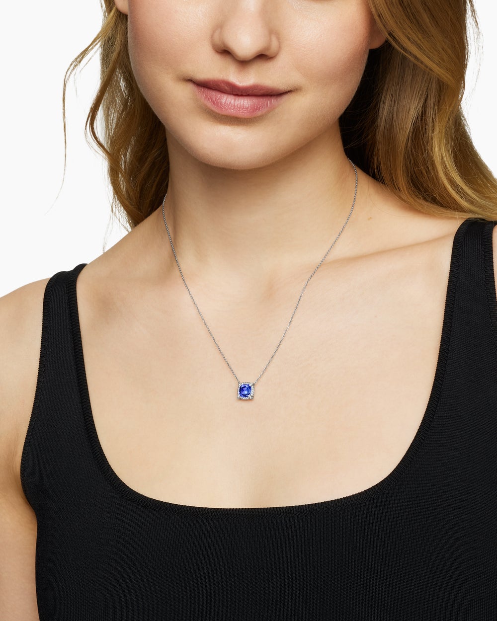 Womens Petite Chatelaine® Pavé Bezel Pendant Necklace in 18K White Gold with Tanzanite and Diamonds, 7mm