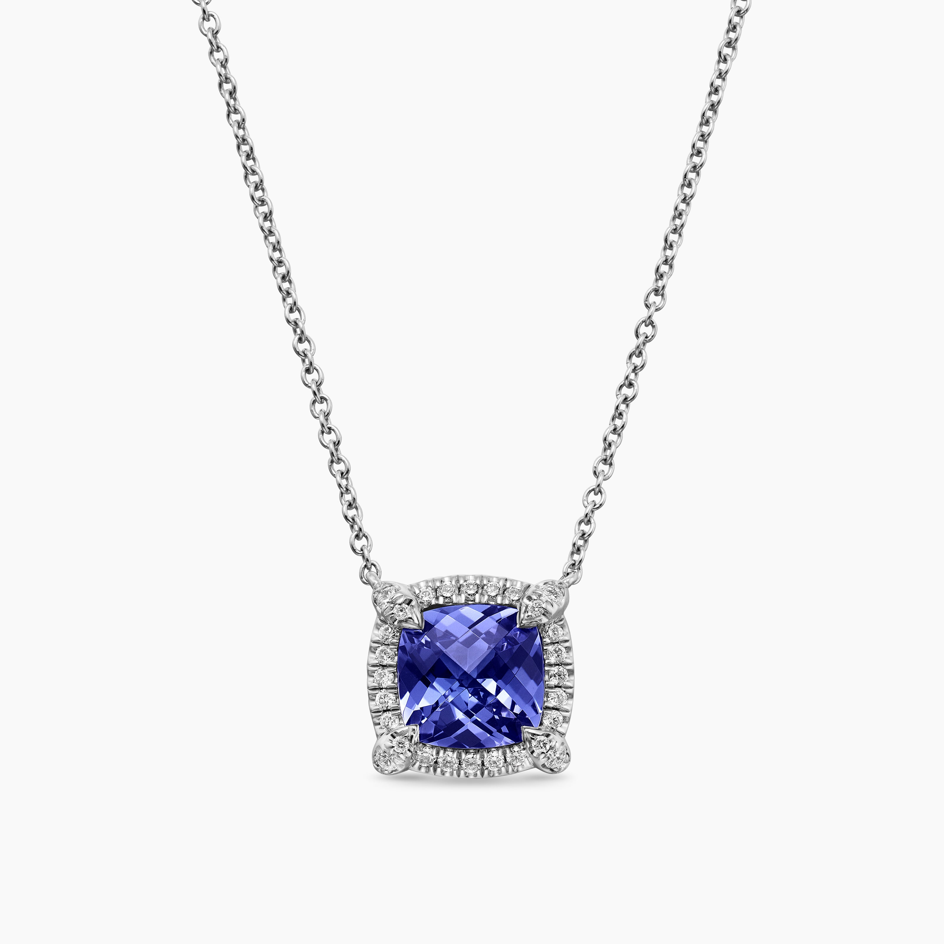 Womens Petite Chatelaine&reg; Pav&eacute; Bezel Pendant Necklace in 18K White Gold with Tanzanite and Diamonds, 7mm