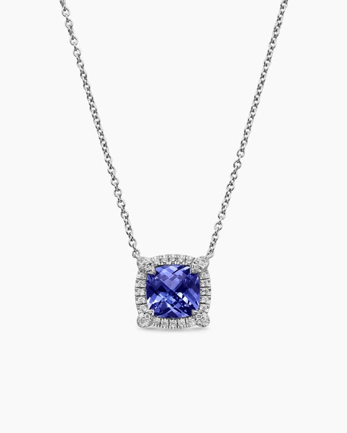 Womens Petite Chatelaine® Pavé Bezel Pendant Necklace in 18K White Gold with Tanzanite and Diamonds, 7mm