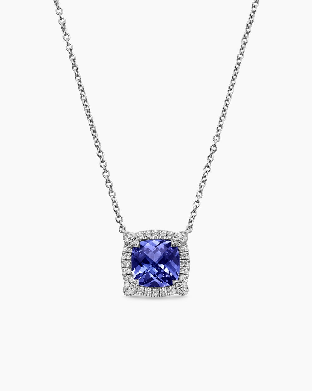 Womens Petite Chatelaine® Pavé Bezel Pendant Necklace in 18K White Gold with Tanzanite and Diamonds, 7mm