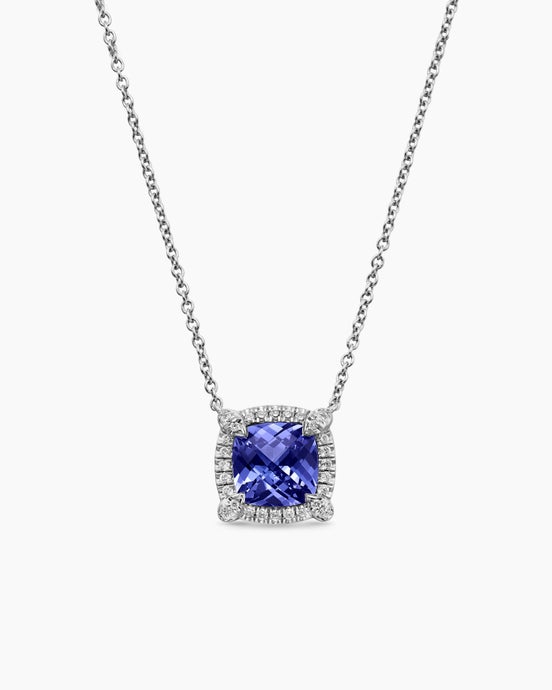 Petite Chatelaine® Pavé Bezel Pendant Necklace in 18K White Gold with Tanzanite and Diamonds, 7mm