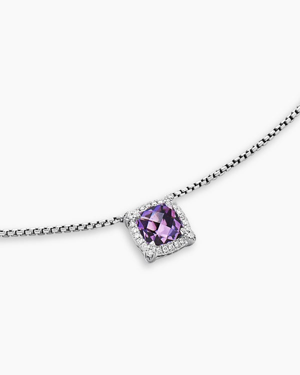 Petite Chatelaine® Pavé Bezel Pendant Necklace in Sterling Silver with Amethyst and Diamonds, 7mm