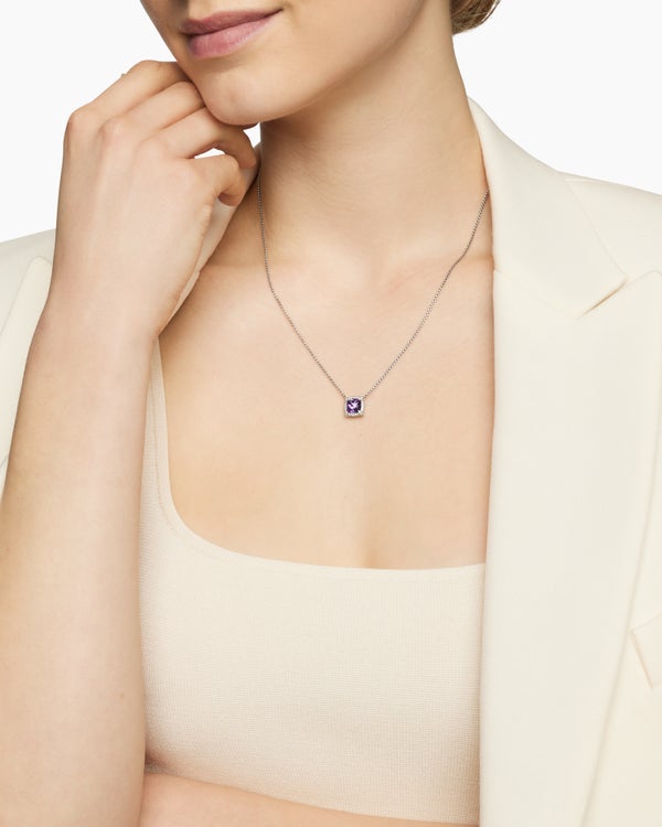 Petite Chatelaine® Pavé Bezel Pendant Necklace in Sterling Silver with Amethyst and Diamonds, 7mm