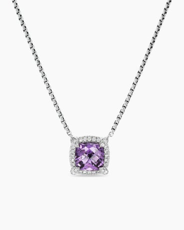 Petite Chatelaine® Pavé Bezel Pendant Necklace in Sterling Silver with Amethyst and Diamonds, 7mm