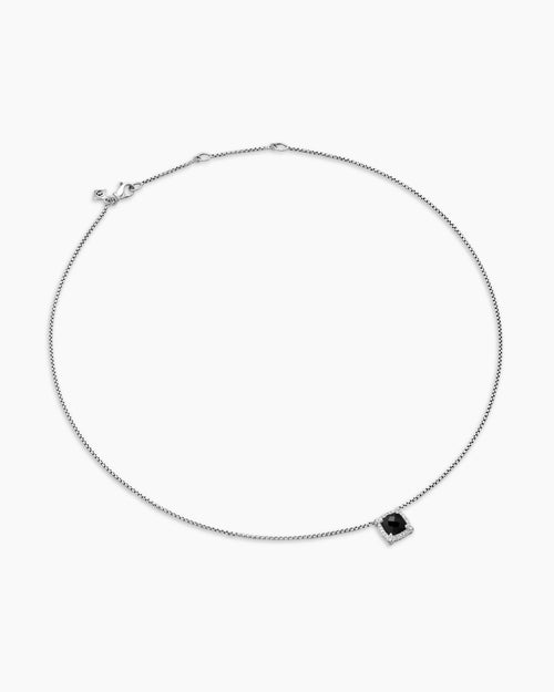 Womens Petite Chatelaine® Pavé Bezel Pendant Necklace in Sterling Silver with Black Onyx and Diamonds, 7mm
