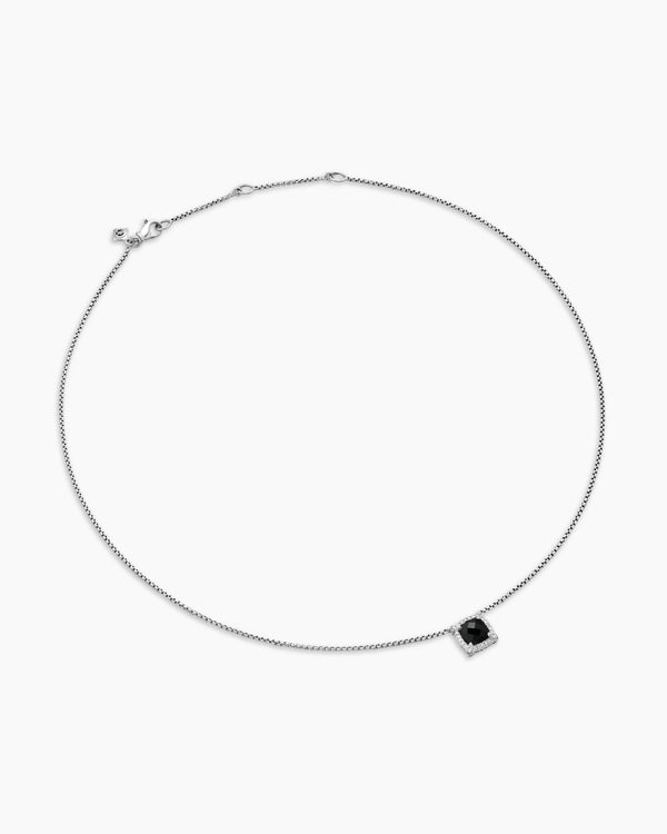 Petite Chatelaine® Pavé Bezel Pendant Necklace in Sterling Silver with Black Onyx and Diamonds, 7mm
