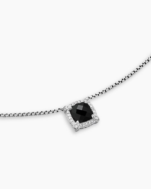 Womens Petite Chatelaine® Pavé Bezel Pendant Necklace in Sterling Silver with Black Onyx and Diamonds, 7mm