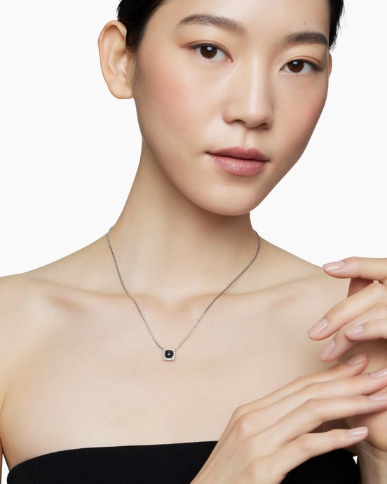 Petite Chatelaine® Pavé Bezel Pendant Necklace in Sterling Silver with Black Onyx and Diamonds, 7mm