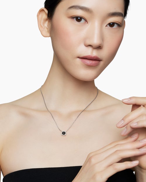 Womens Petite Chatelaine® Pavé Bezel Pendant Necklace in Sterling Silver with Black Onyx and Diamonds, 7mm