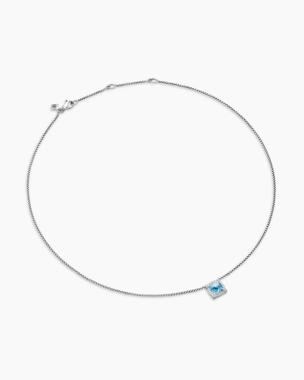 Petite Chatelaine® Pavé Bezel Pendant Necklace in Sterling Silver with Blue Topaz and Diamonds, 7mm