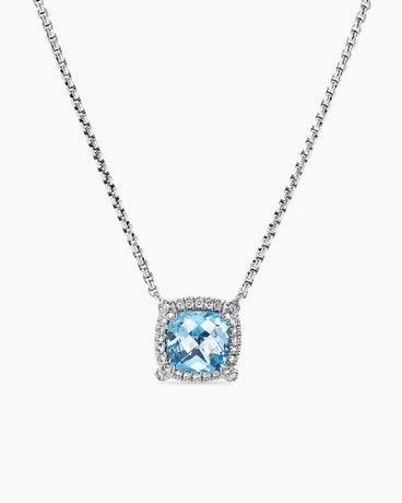 Petite Chatelaine® Pavé Bezel Pendant Necklace in Sterling Silver with Blue Topaz and Diamonds, 7mm