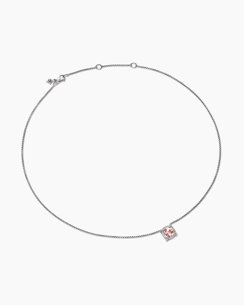 Womens Petite Chatelaine® Pavé Bezel Pendant Necklace in Sterling Silver with Morganite and Diamonds, 7mm