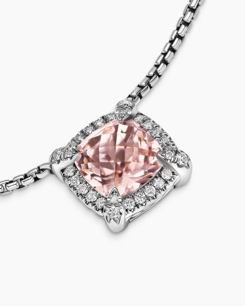 Womens Petite Chatelaine® Pavé Bezel Pendant Necklace in Sterling Silver with Morganite and Diamonds, 7mm