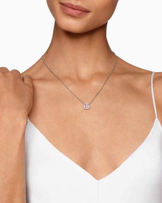 Collier pendentif à chaton pavé Petite Chatelaine® en argent massif avec morganite et diamants, 7 mm