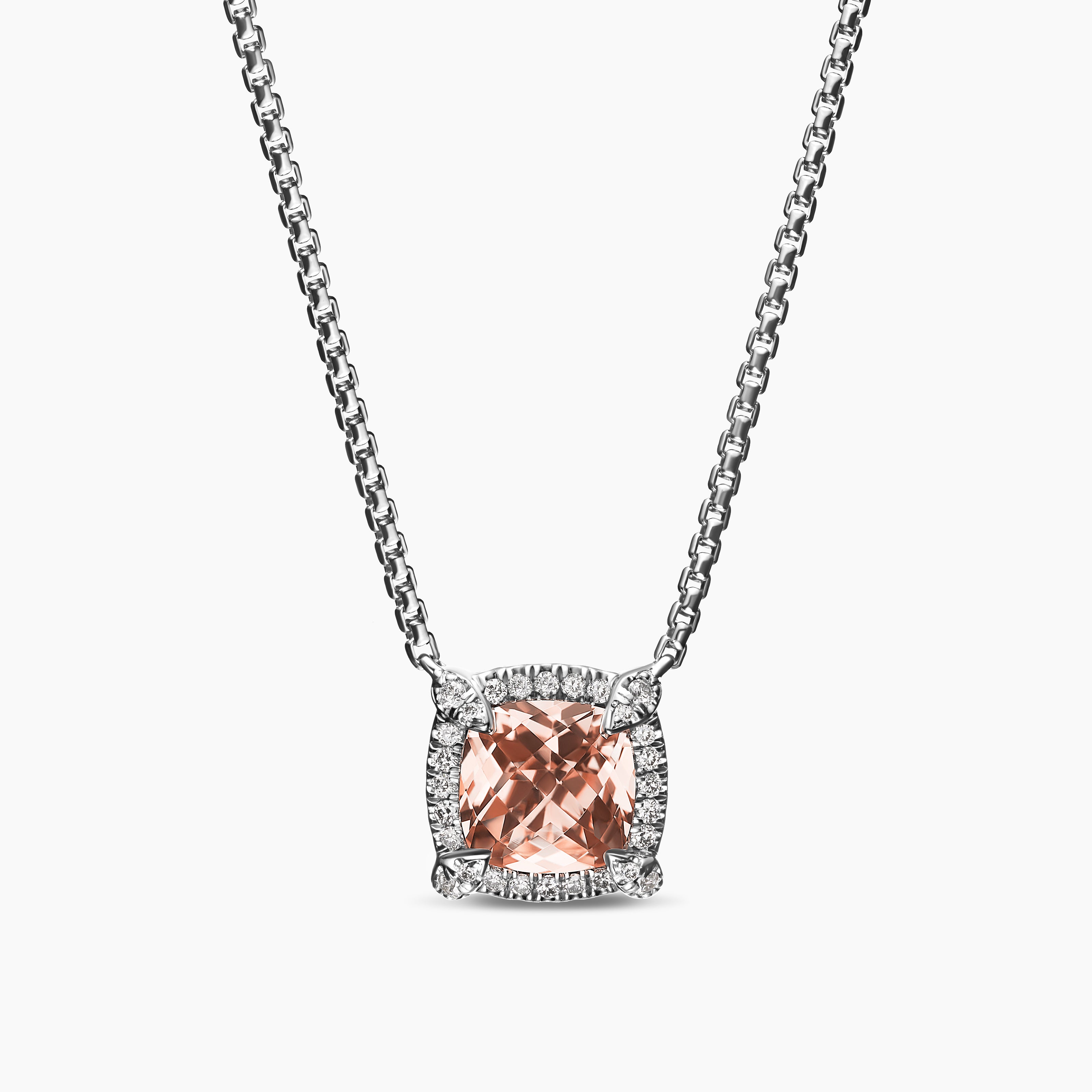 Womens Petite Chatelaine&reg; Pav&eacute; Bezel Pendant Necklace in Sterling Silver with Morganite and Diamonds, 7mm