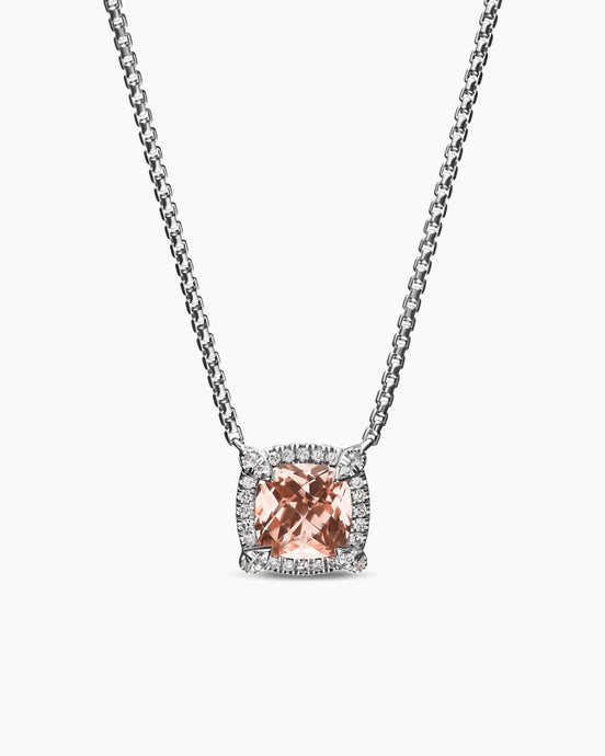 Collier pendentif à chaton pavé Petite Chatelaine® en argent massif avec morganite et diamants, 7 mm