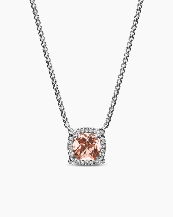 Petite Chatelaine® Pavé Bezel Pendant Necklace in Sterling Silver with Morganite and Diamonds, 7mm