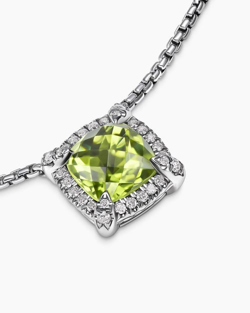Womens Petite Chatelaine® Pavé Bezel Pendant Necklace in Sterling Silver with Peridot and Diamonds, 7mm