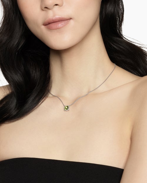 Womens Petite Chatelaine® Pavé Bezel Pendant Necklace in Sterling Silver with Peridot and Diamonds, 7mm