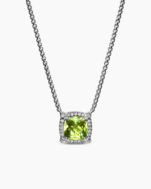 Womens Petite Chatelaine® Pavé Bezel Pendant Necklace in Sterling Silver with Peridot and Diamonds, 7mm
