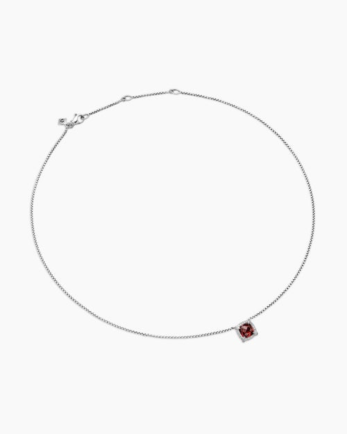 Womens Petite Chatelaine® Pavé Bezel Pendant Necklace in Sterling Silver with Rhodolite Garnet and Diamonds, 7mm