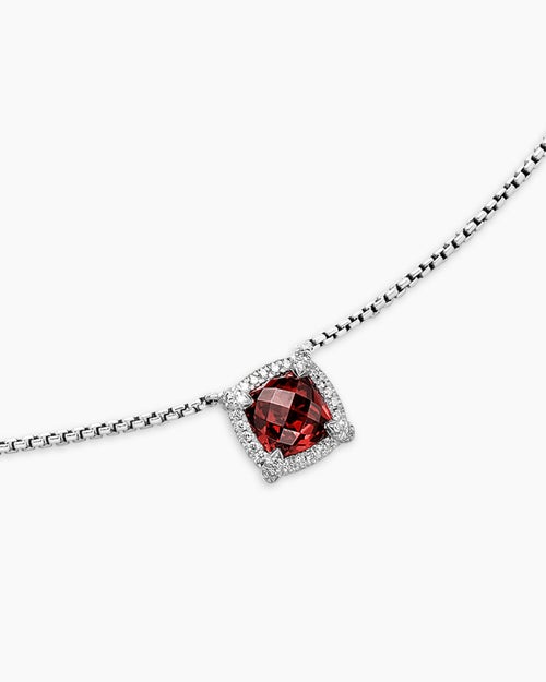Womens Petite Chatelaine® Pavé Bezel Pendant Necklace in Sterling Silver with Rhodolite Garnet and Diamonds, 7mm
